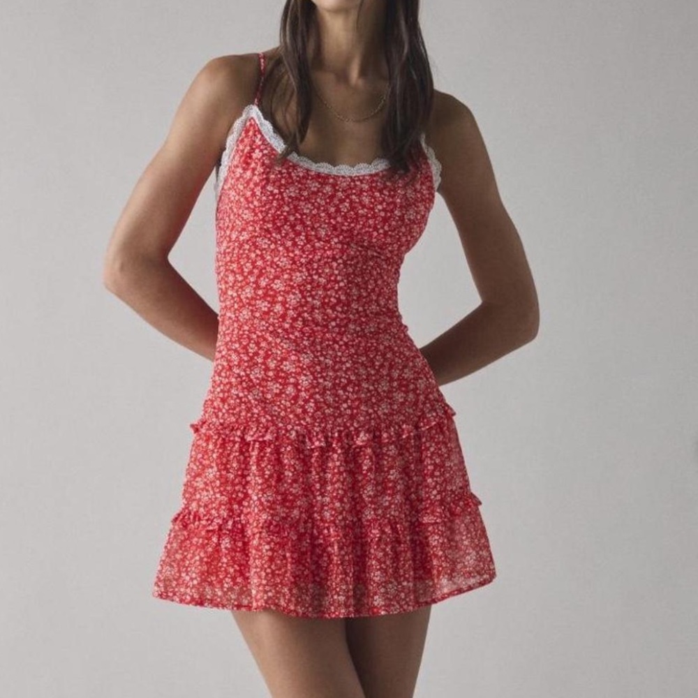 UO- Kimchi Blue Cleo Lace Trim Chiffon Slip Mini Dress